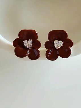 NEW Cherry Red Blossom Studs | 925 Sterling Silver Posts | Heart Crystal Center